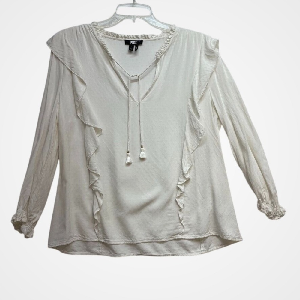 PAIGE Womens Kaydynn Ivory Blouse Size M Ruffle Long Sleeve Blouse Tassel‎ Tie